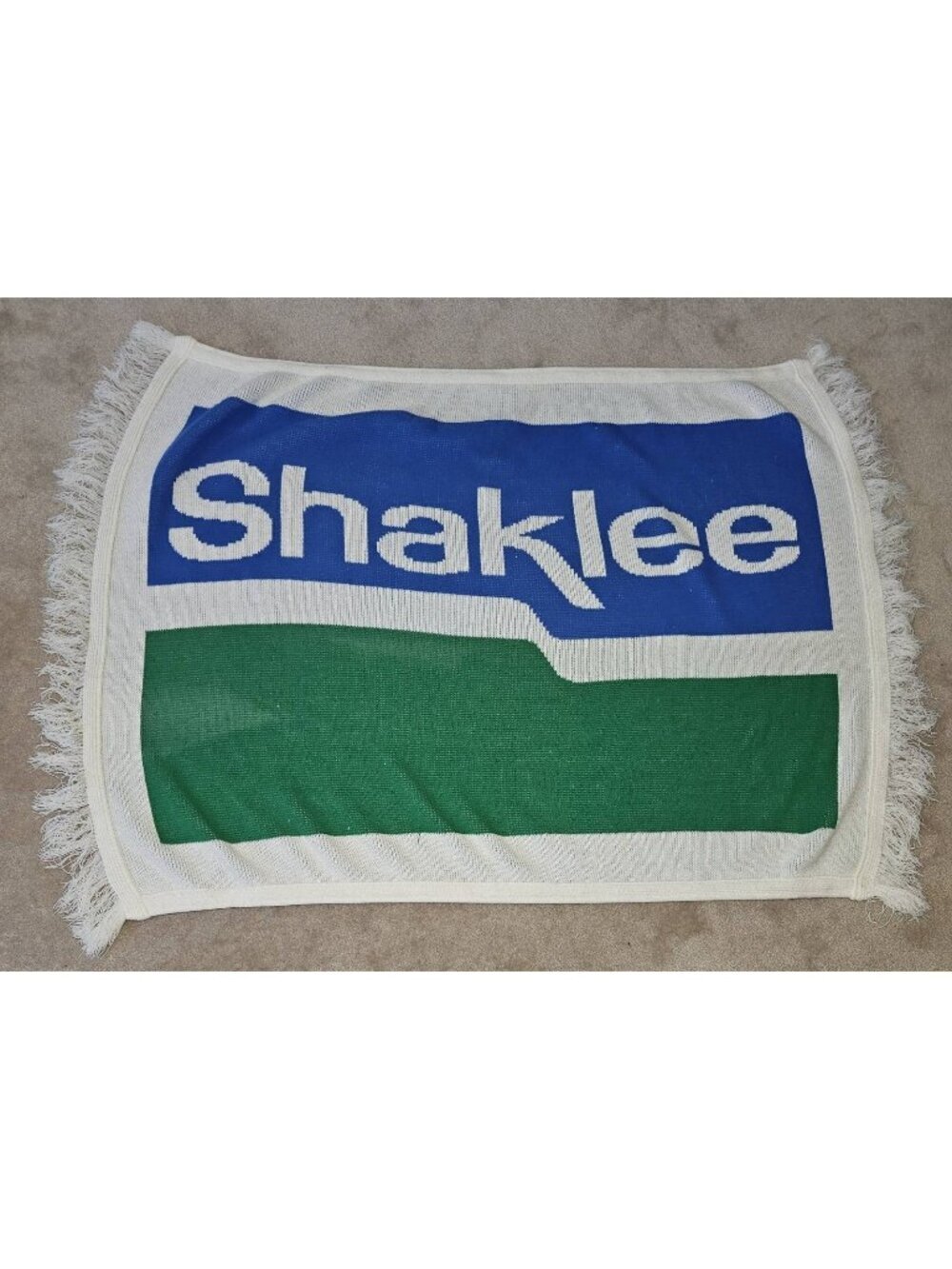 VTG Logo Knits Shaklee Blanket Throw Green Blue White Fringe 48x37 Flaws READ